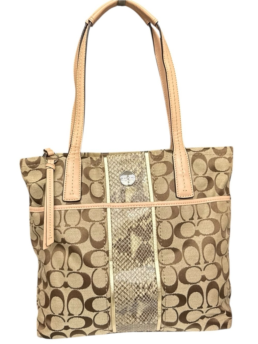 Coach Signature Monogram Python Stripe Tote Bag Khaki Jacquard Snakeskin Leather